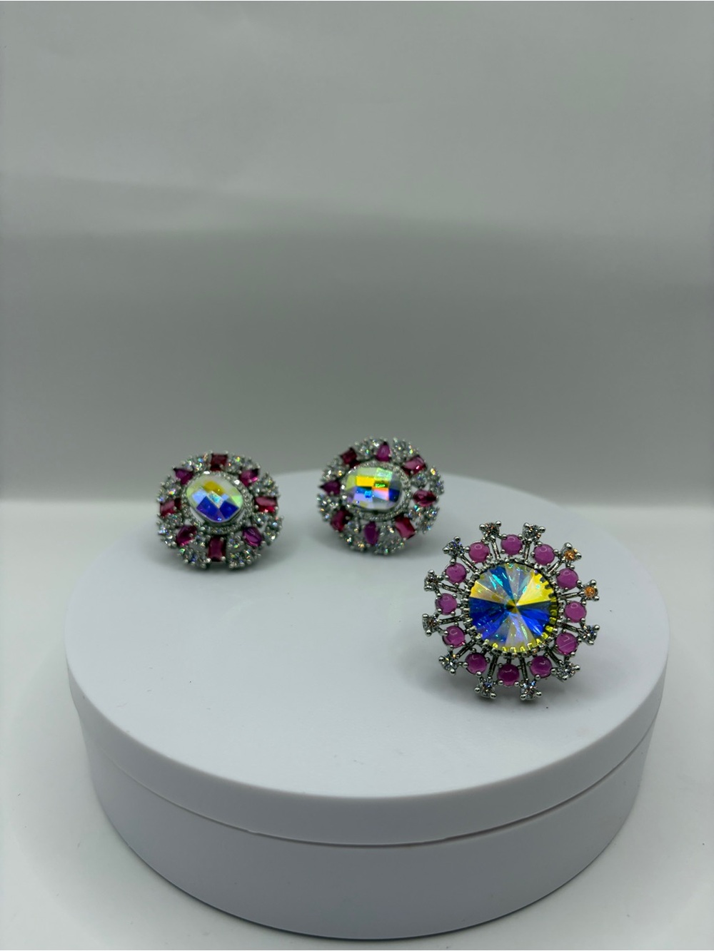 Crystal Rainbow Round Stud Earrings Matching Ring with CZ And Pink Stones